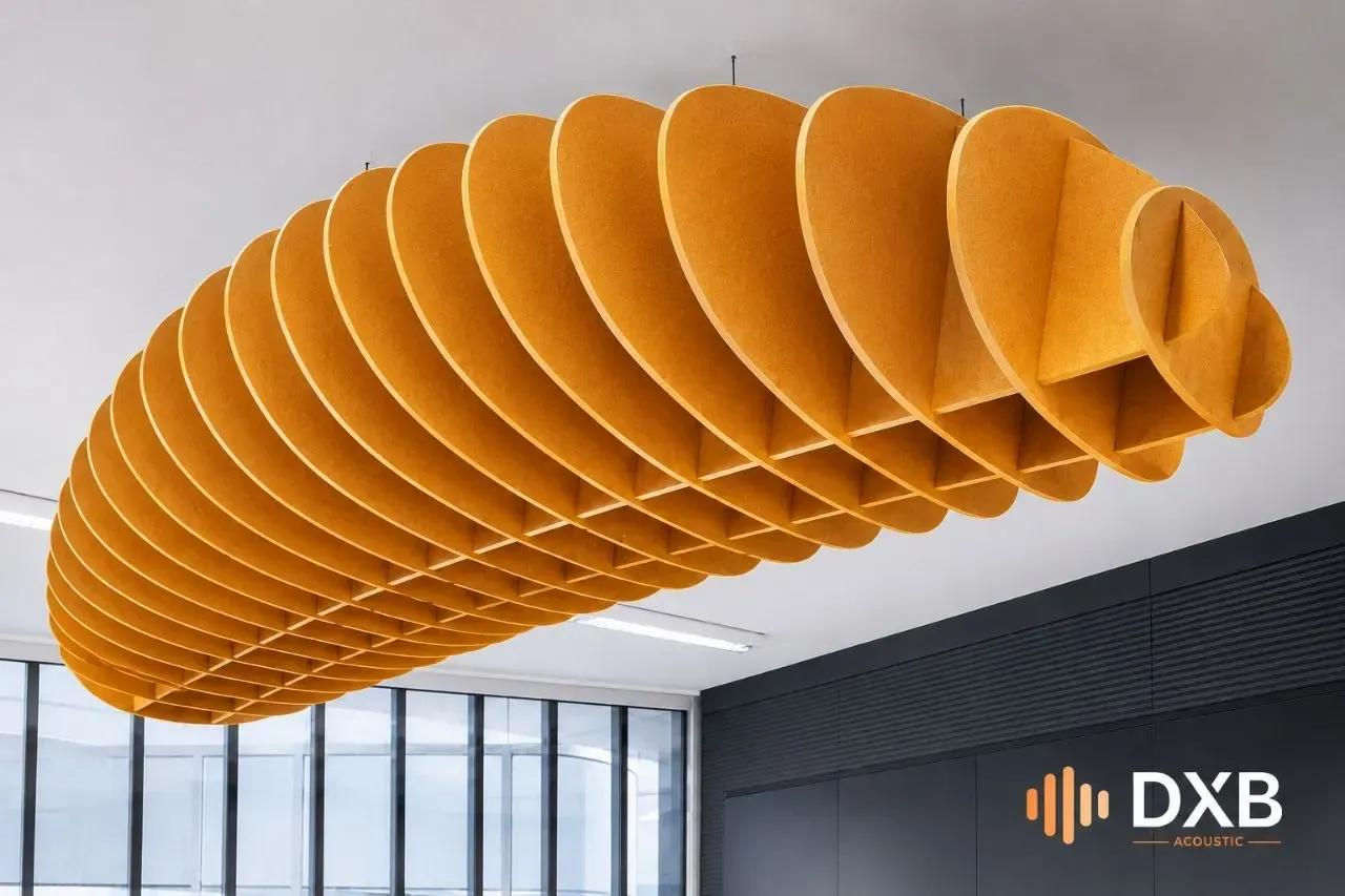 Suspended acoustic cloud raft in a Dubai office