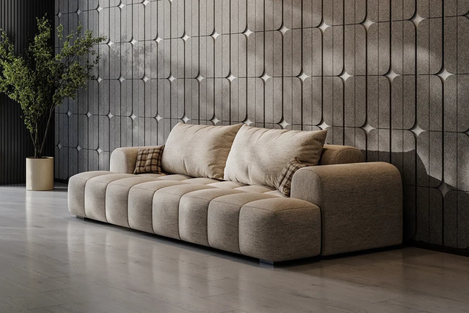 Dome-relief 3D acoustic panels lit from the side