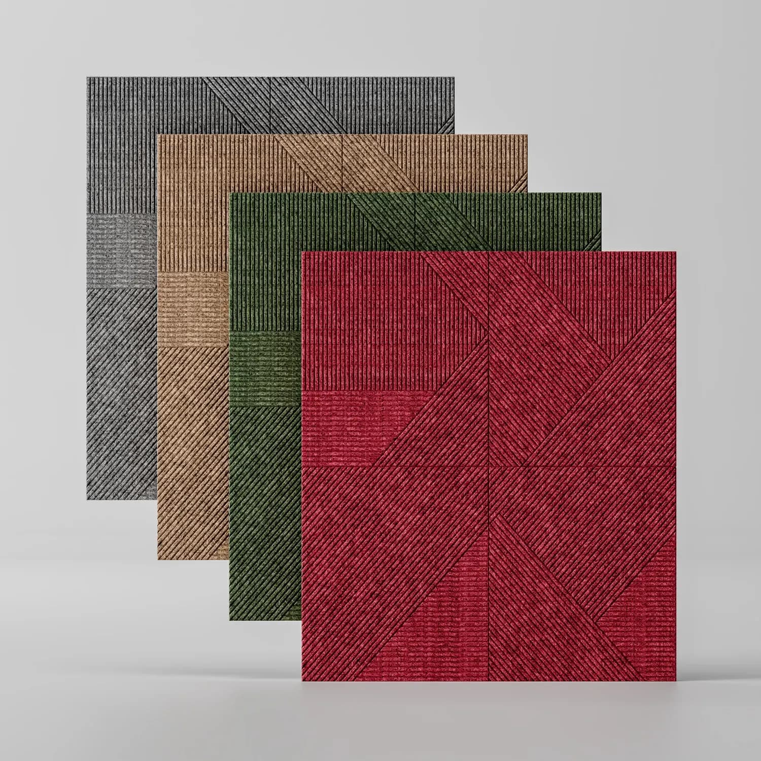 Facet-pattern 3D acoustic panels in grey, kraft, green and red
