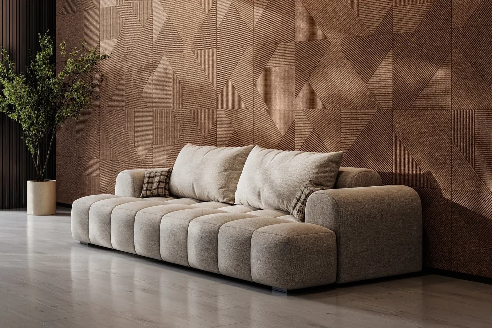 Facet-pattern 3D acoustic panels on a feature wall
