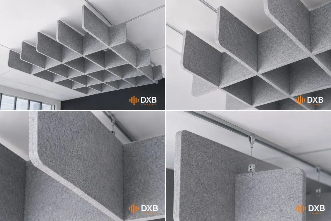 Grid baffle ceiling shown from four angles