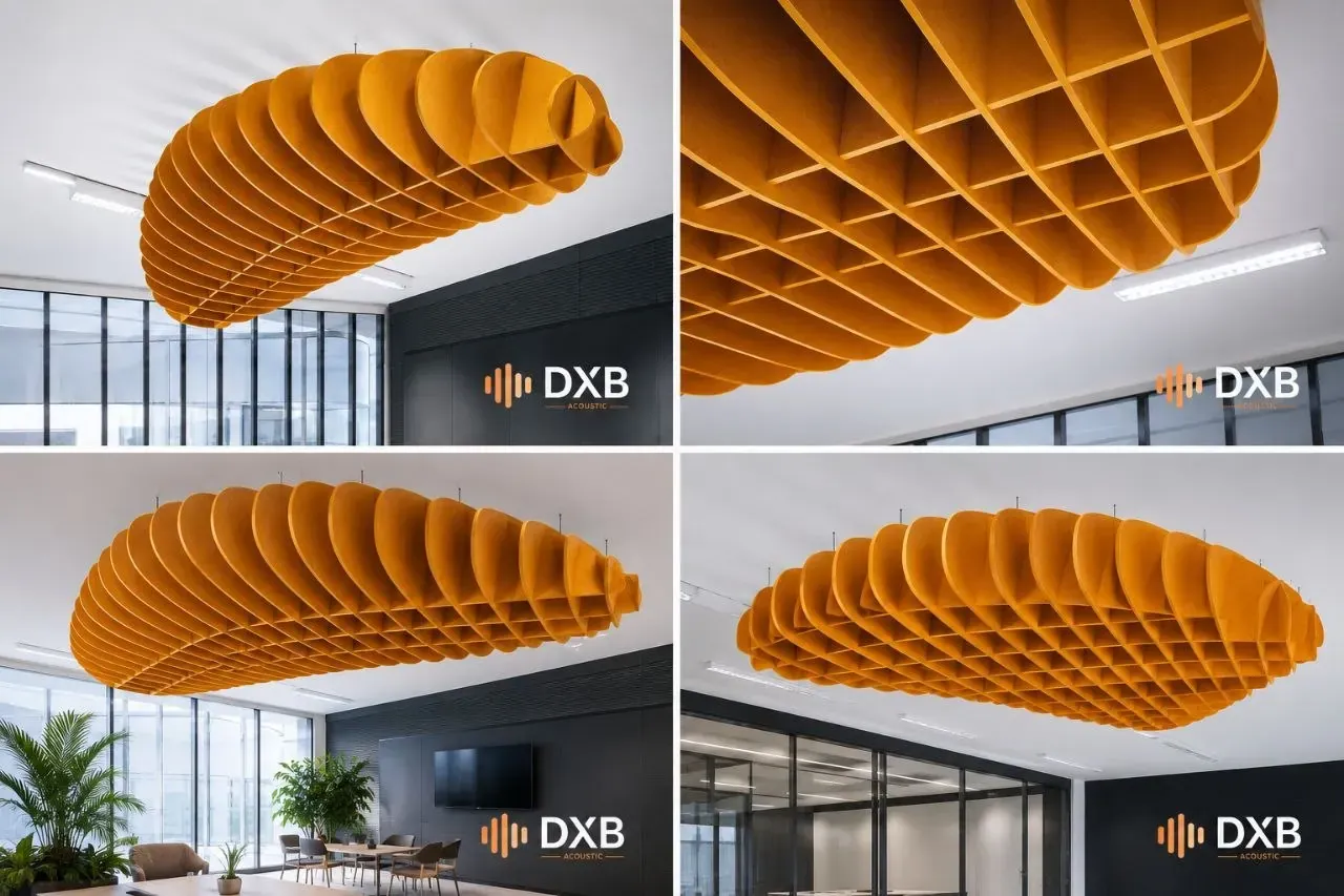 Vertical baffle ceiling shown from four angles
