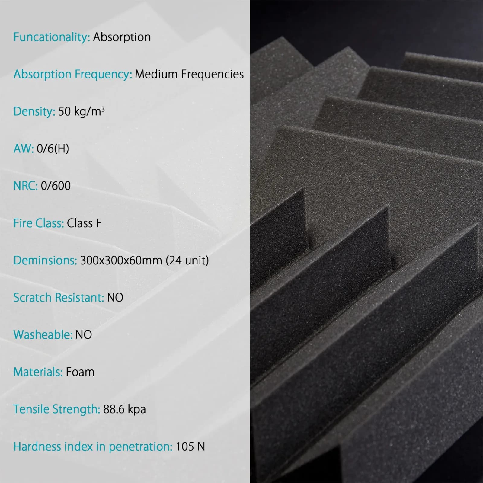 Light Acoustic Foam DST 114 Panels | Charcoal Black | Pack of 24