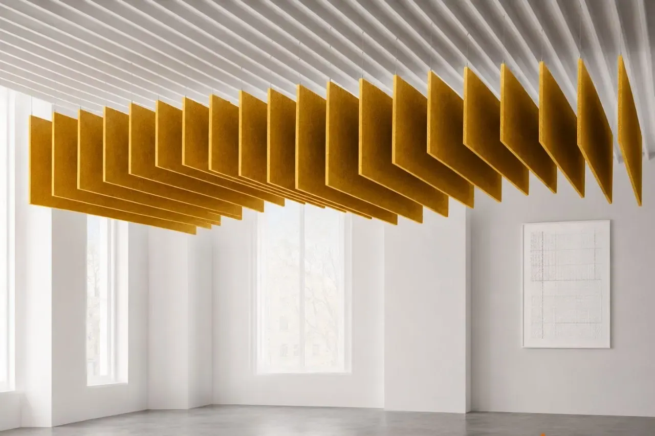 Suspended fin baffle acoustic ceiling in a daylit room